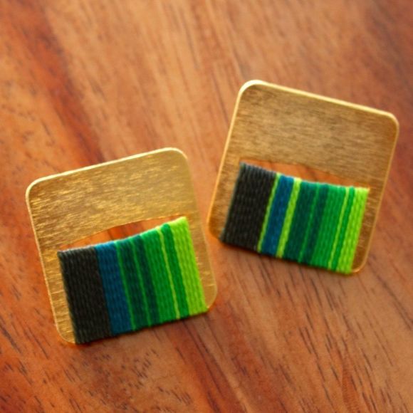 Handmade gold plated new earrings green thread - Picture 1 of 3